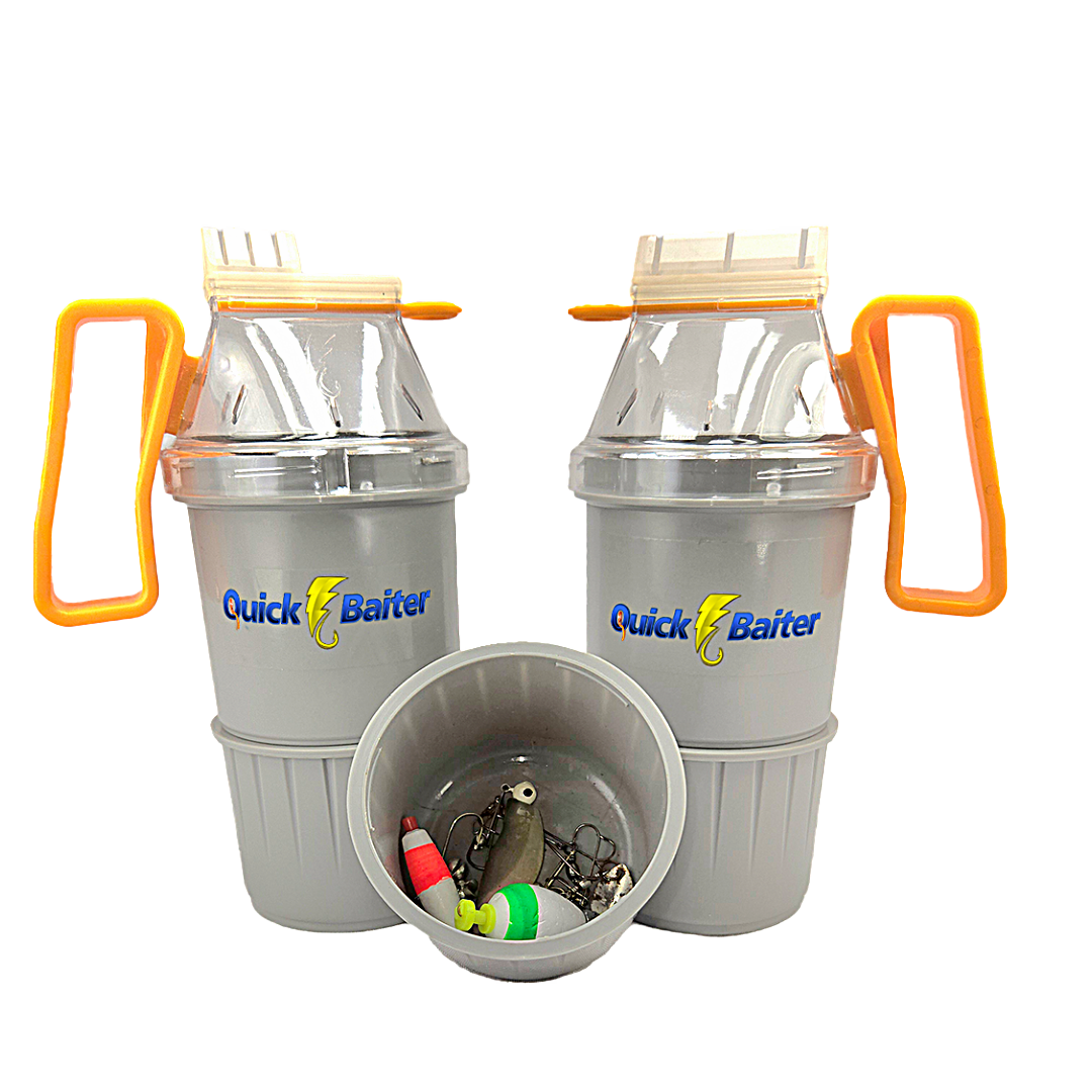 Quick Baiter all-in-one fishing bait container with transparent top and orange handle, featuring patented drop-in chamber design against dramatic lightning background