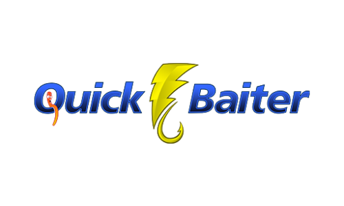 Official Quick Baiter company logo combining a lightning bolt and fishing hook in yellow, with bold blue text, representing speed and innovation in fishing equipment